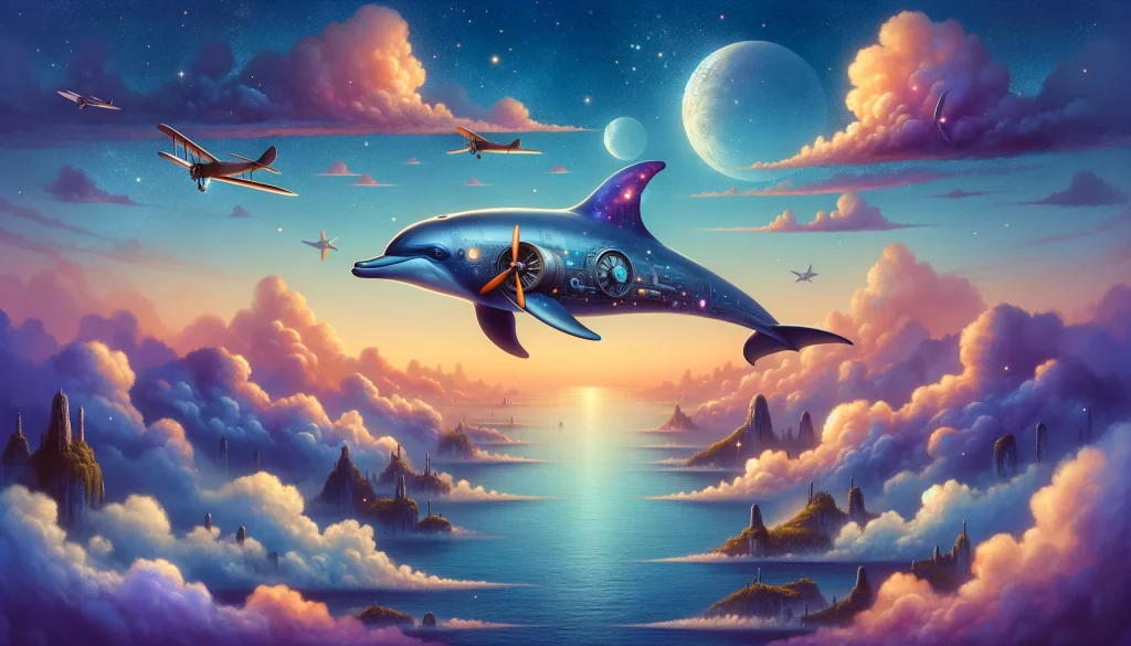 a dolphin with airplane wings gliding through a twilight sky