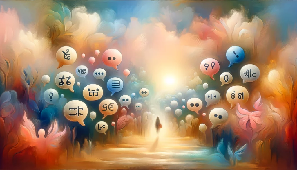 Abstract digital painting symbolizing the journey from language barriers to fluent communication.